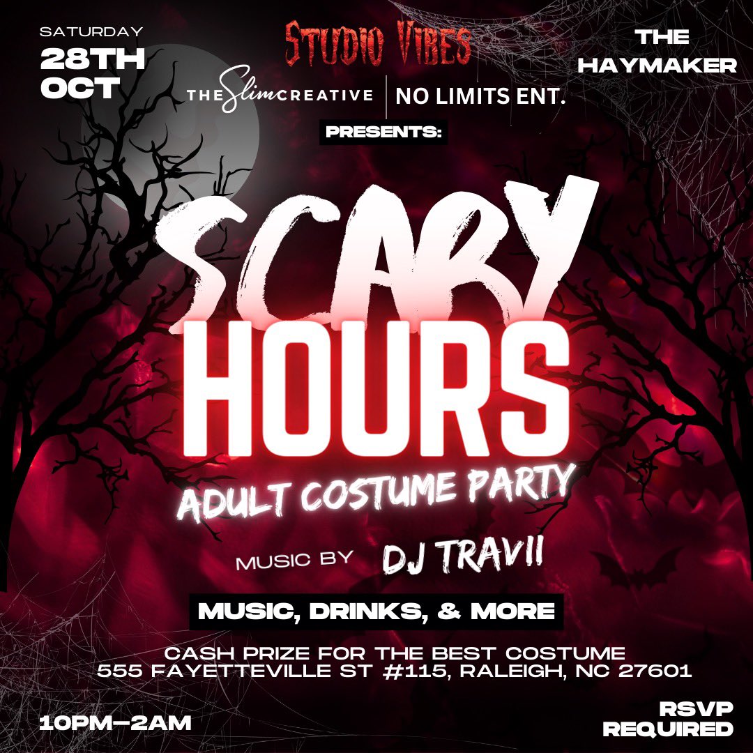 AMvsTheWorld's tweet photo. Scary Hours: Adult Costume Party
Sat, October 28th
10p to 2p
π@haymakerraleigh
Tickets are now LIVE! Link in bio π
#StudioVibes #TheSlimeCreative #NoLimitsEnt#CostumeParty #Halloween #Raleigh #NC https://t.co/BRCBbB86PN