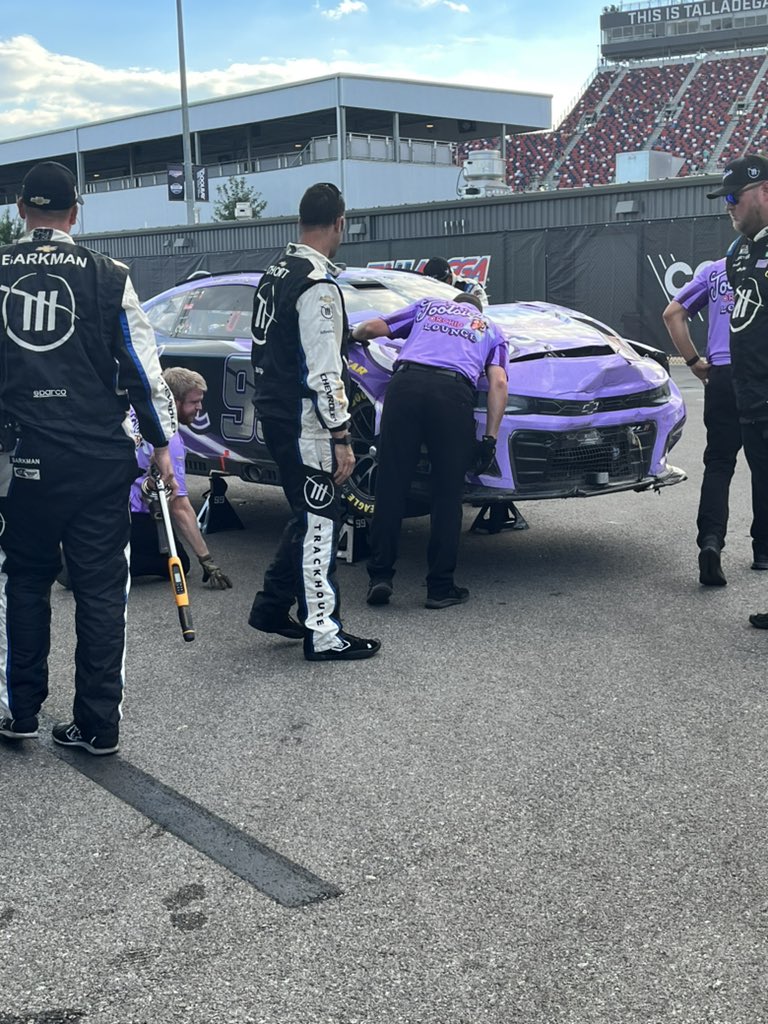TeamTrackhouse's tweet photo. Marked as an 11th place finish, @Daniel_SuarezG says he’s okay after the last lap wreck. 

His @tootsiesnet’s ride, not so much… https://t.co/tnWAojaAkq