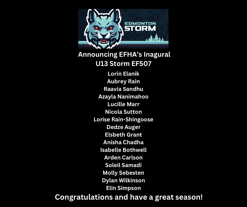 Introducing EFHA inaugural U13 Storm ALL-FEMALE teams for 23/24 season!!!  

EF506, 507‼️

Have fun!  Play hard!  Good luck! Have a great season teams!!!
<a href="/OfficialEFHA/">Edmonton Female Hockey Alliance</a> 
<a href="/playhockeyedm/">Hockey Edmonton</a> 
#weareefha
#EFHAroar
#girlshockeyyeg
#efhastorm