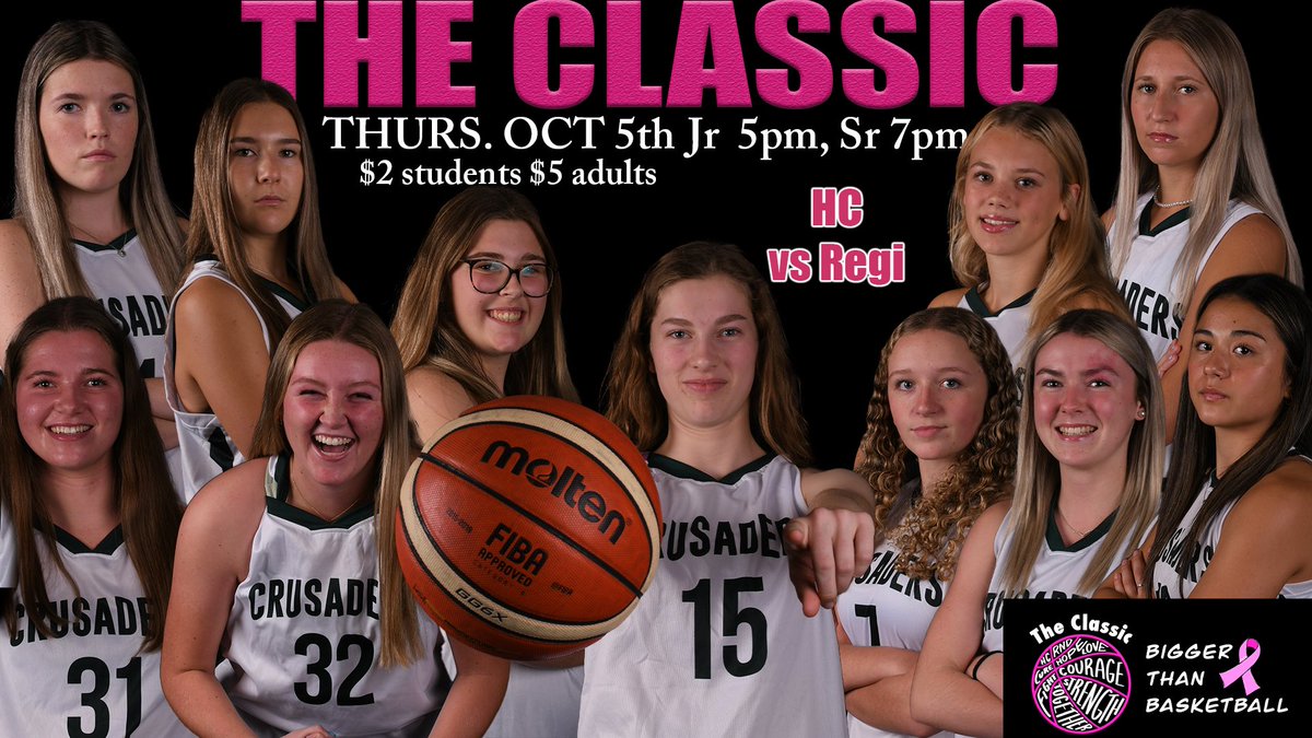🏀The Classic returns this Thurs. Oct 5th at Holy Cross. HC vs Regi. Juniors 5pm, Seniors 7pm. Money raised goes to support families affected by cancer. Tickets on sale Tues. $2 students &amp; $5 adults. Raffle baskets on sale this week as well. Let’s pack the gym!💞<a href="/Gr33nArmy/">Holy Cross Athletics</a>