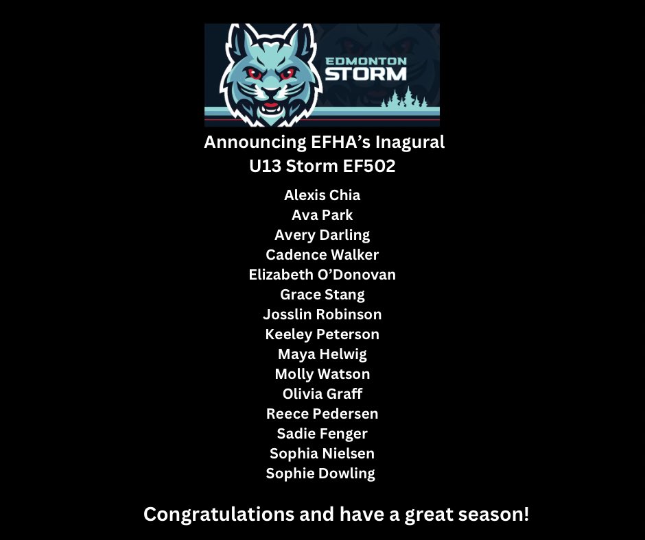 Introducing EFHA inaugural U13 Storm ALL-FEMALE teams for 23/24 season!!!  

EF501, 502‼️

Have fun!  Play hard!  Good luck! Have a great season teams!!!
<a href="/OfficialEFHA/">Edmonton Female Hockey Alliance</a> 
<a href="/playhockeyedm/">Hockey Edmonton</a> 
#weareefha
#EFHAroar
#girlshockeyyeg
#efhastorm