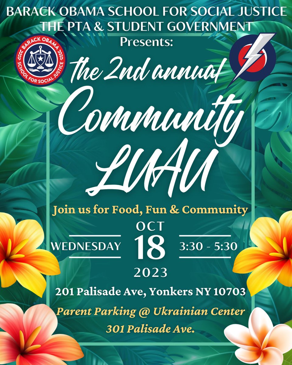 🌺🌴 Aloha, Barack Obama Families! 🌴🌺 Get ready to hula and have a blast because the most exciting event of the year is just around the corner! 🎉 Join us at our unforgettable Luau on October 18th! 🌞 🌺 Date: October 18th 🌴 Time: 3:30 PM - 5:30 PM