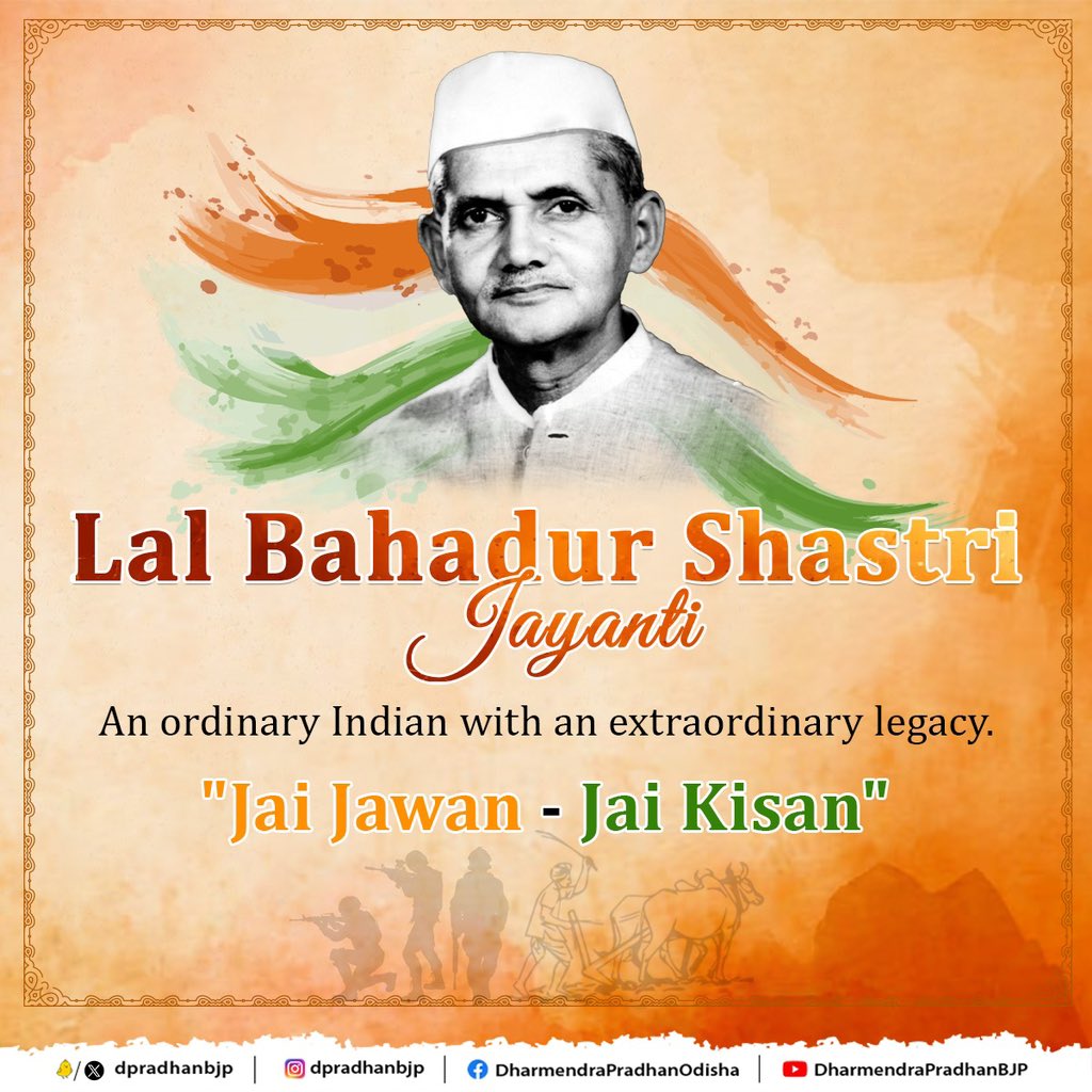 'Bharat Ratna' Lal Bahadur Shashtri ji's simplicity and integrity left an indelible mark on India's collective consciousness. A mass leader and a statesman, Shashtri ji left behind a rich legacy of honesty, commitment and hard work. His vision and ideals continue to guide our