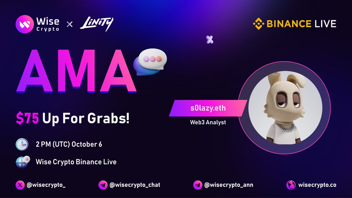 🥳 Wise Crypto x #Linity Binance Live AMA

⏰ Time: Oct 6, 2PM (UTC)
🎁 $75 for Best 10 Questions

🔷Follow <a href="/WiseCrypto_/">Wise Crypto</a> &amp; <a href="/linity_com/">Linity</a>
🔷Rules t.me/wisecrypto_ann…
🔷Comment Questions &amp; Tag 3 Friends

📍Set Reminder: binance.com/en/live/video?…

#AMA #BINANCE  #Wise