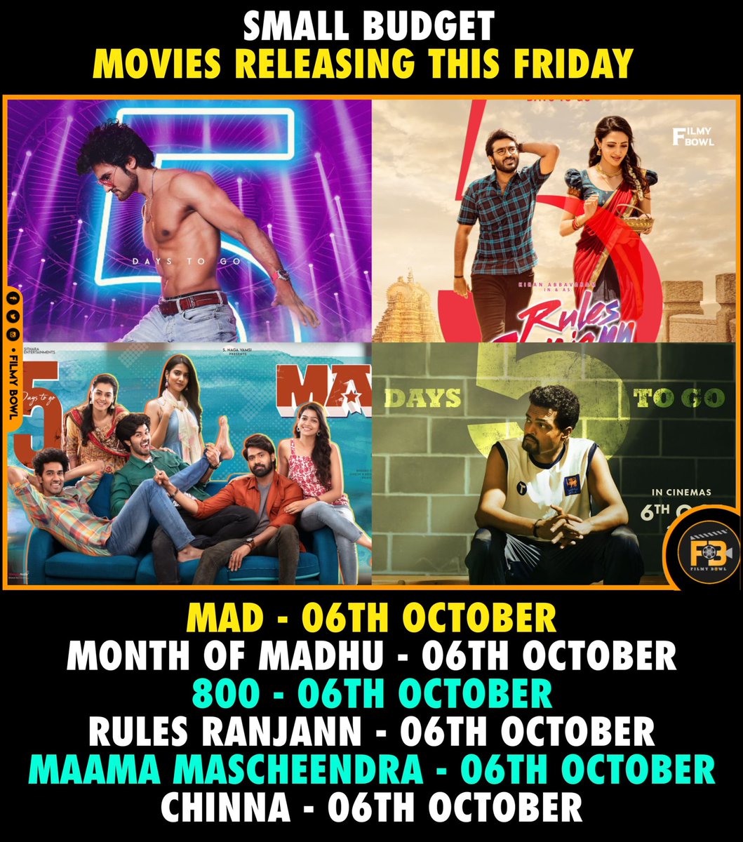 Small budget movies releasing this Friday.

#MAD
#MonthofMadhu
#800TheMovie
#RulesRanjann
#MaamaMascheendra
#Chinna