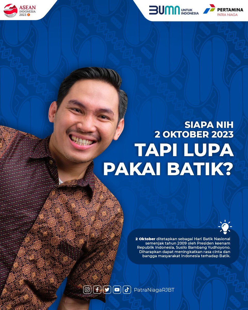 PertaminaRJBT's tweet photo. Selamat Hari Batik Nasional #SobatPertamina!
Ada ga nih yang hari ini lupa pakai baju batik? hahaha. Mention temen kamu yang lupa pakai baju batik hari ini๐
#HariBatik
#PatraNiagaRJBT
#Pertamina https://t.co/eqrJCrOGYw