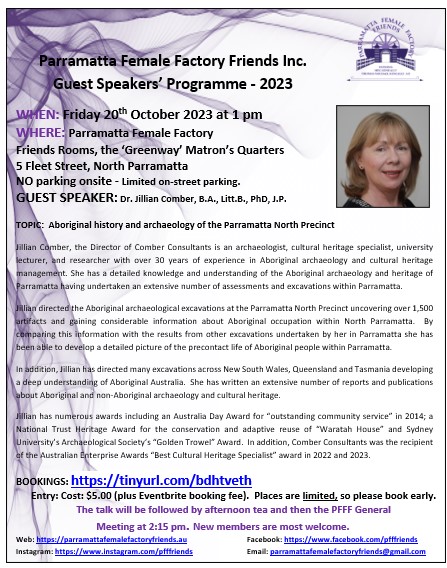 GUEST SPEAKER PROGRAMME - FRIDAY 20 OCTOBER 2023
See the attached Flyer for details on our next speaker, Dr. Jillian Comber who will be talking on Aboriginal history and archeology of the Parramatta North Precinct. Bookings are through Eventbrite at:
lnkd.in/gTtuZUiv