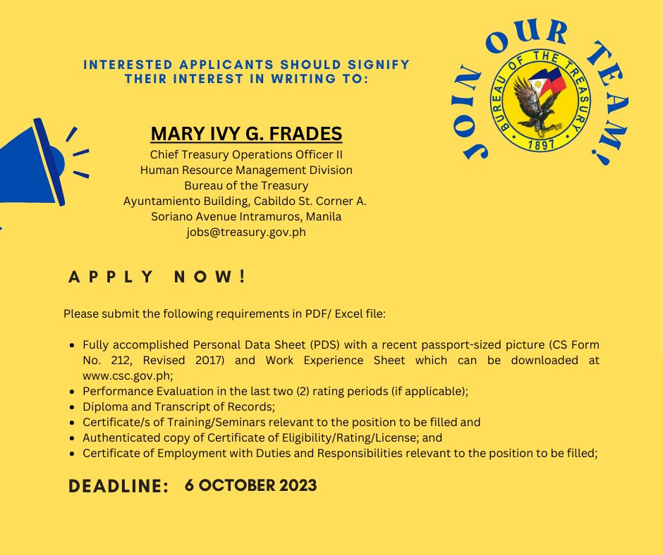 We are hiring!

The BTr is looking for an Administrative Assistant (Job Order) for the Bureau Budget Division, and a Technical Assistant (Job Order) for the Fund Management Division. 

Interested applicants may send their applications until Oct. 6, 2023.