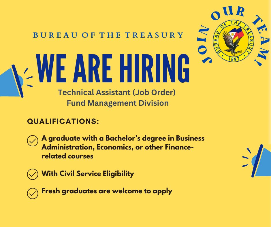 TreasuryPh's tweet photo. We are hiring!

The BTr is looking for an Administrative Assistant (Job Order) for the Bureau Budget Division, and a Technical Assistant (Job Order) for the Fund Management Division. 

Interested applicants may send their applications until Oct. 6, 2023. https://t.co/Mkdy5ZLWJC