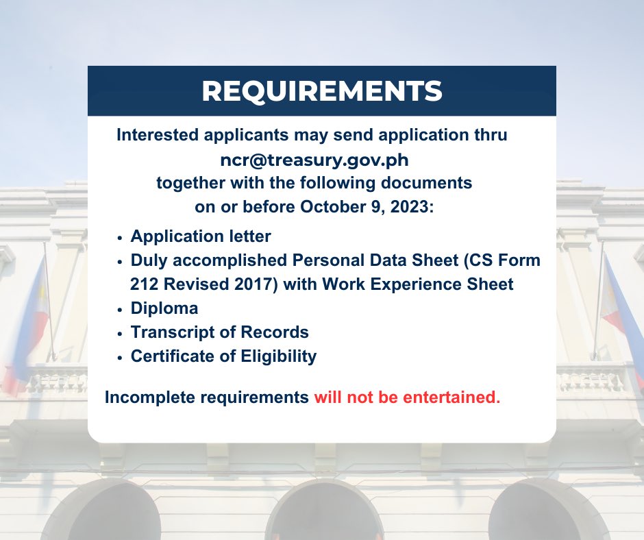 We are hiring!

The BTr-NCR is looking for 4 Technical Assistants (Job Order). 

Interested applicants who meet the stated qualifications of the vacant positions may send their applications at ncr@treasury.gov.ph together with the stated documents on or before Oct. 9, 2023.