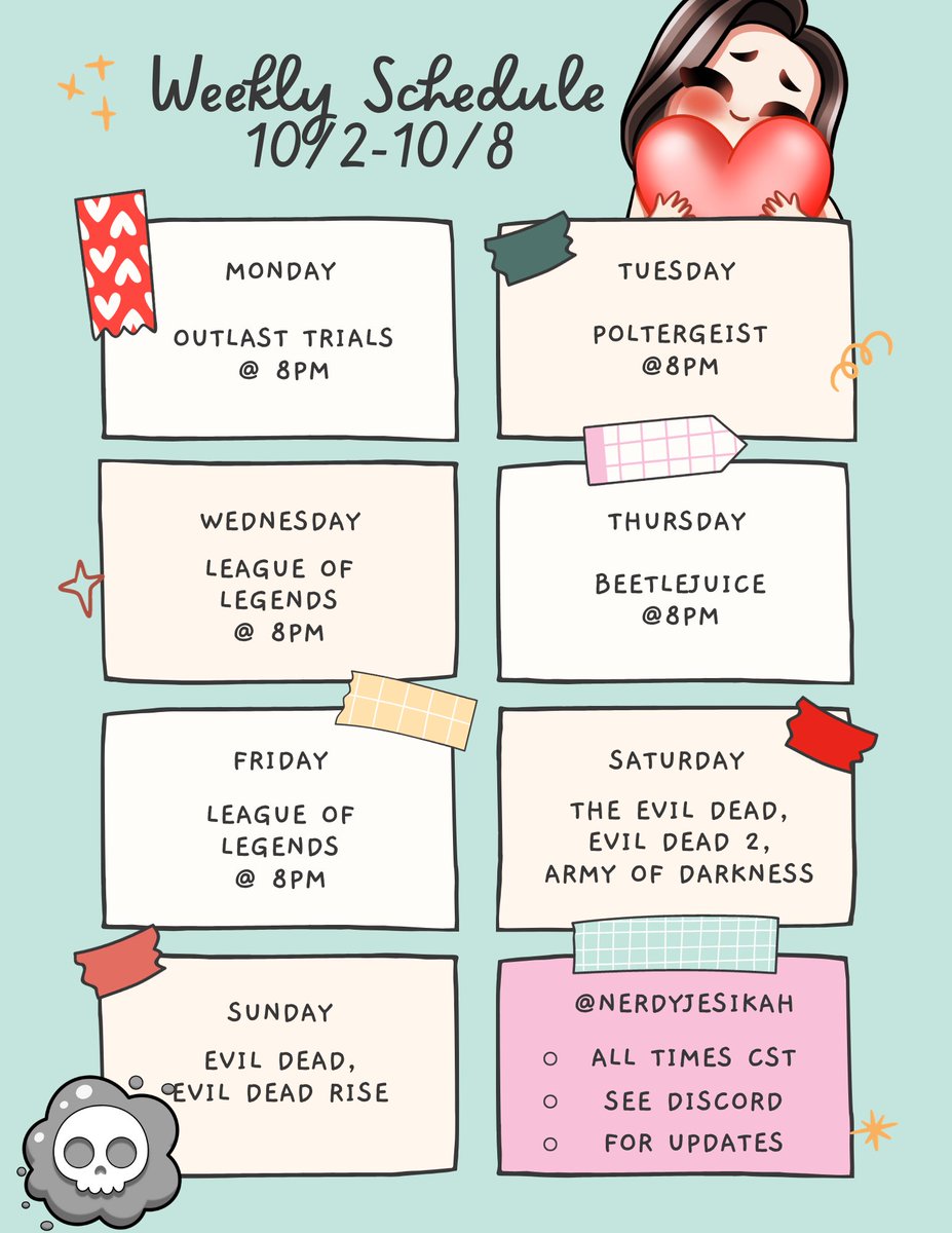 Weekly Stream / Discord Schedule - Let me know if you wanna join us! twitch.tv/nerdyjesikah