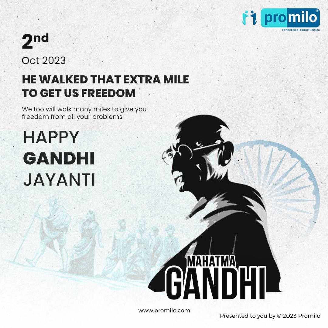 promilo's tweet photo. Let's honor the Father of the Nation by promoting love, unity, and peace in our lives. Happy Gandhi Jayanti!
#Promilo #GandhiJayanti #MahatmaGandhi #GandhiJayanti2023 #PeaceAndNonViolence #BeTheChange #GandhiLegacy #FatherOfTheNation #RememberingGandhi #GandhianValues https://t.co/lJH8IkrvXx