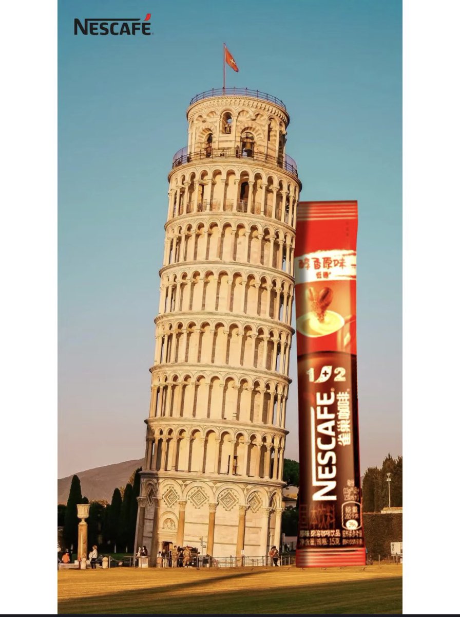zhixi857's tweet photo. #MEDIA1801D04 Putting the world-famous building against Nescafe coffee shows that you can rely on Nescafe coffee to keep you from falling down no matter how sleepy you are. The target audience is people who are sleepy or who like coffee to refresh themselves. https://t.co/qHRSmtpDvq