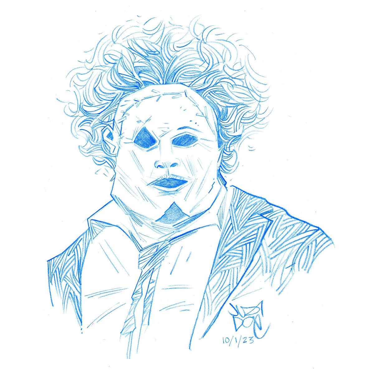 juandoe's tweet photo. Happy Horrorween! For the month of Oct. I'll be posting a daily sketch of a pop culture horror icon, each image a prompt from a fellow human. 

Kicking it off is the OG of unbridled terror, Leatherface, prompted by the magnanimous @D0PEP0PE 

#juandoe #leatherface #dopepope https://t.co/2G8RL0Gp6X