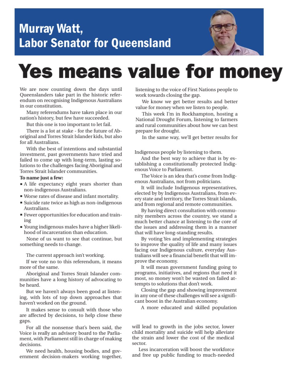 MurrayWatt's tweet photo. Voting Yes means:

✅ better advice to Parliament
✅ better results for our First Peoples
✅ better value for money for taxpayers.

My piece in Central Qld Today. https://t.co/LiAM9AJ5Rn