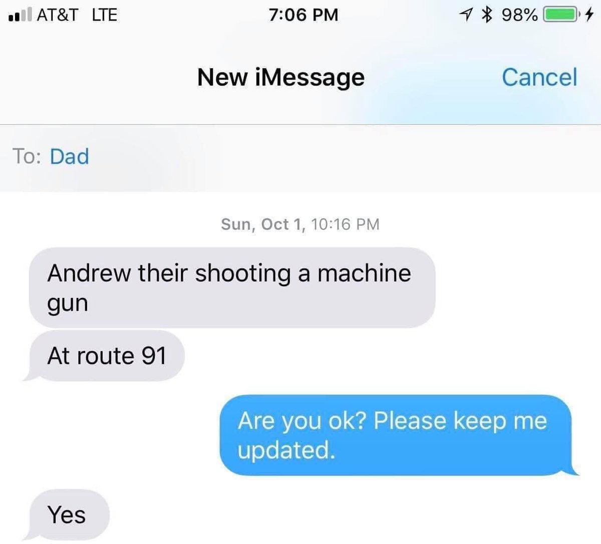 October 1, 2017 at 10:16 PM (October 16 is my dad’s birthday. How crazy is that?) I received one of the most terrifying text messages from my dad who was bartending at Route 91. You have no idea how blessed I am that my dad is still alive. #VegasStronger