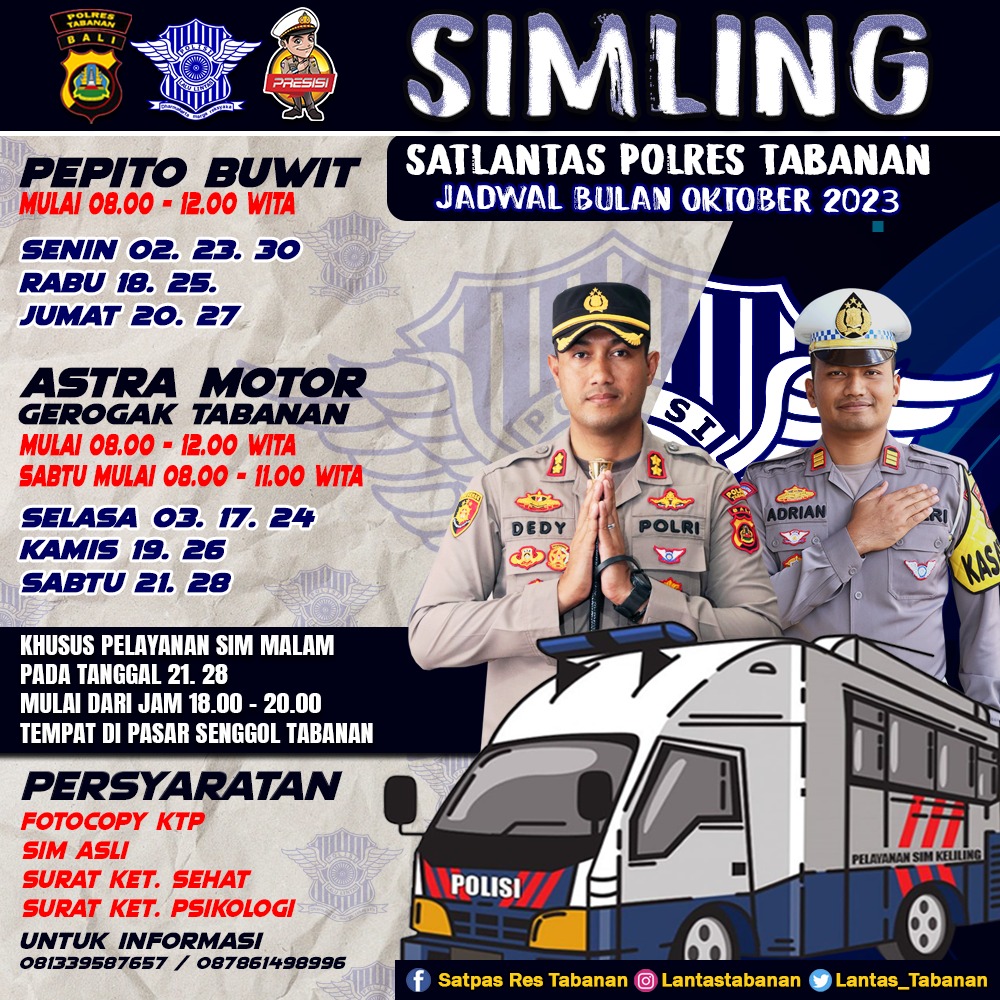 HKerambitan's tweet photo. Jadwal pelayanan SIM keliling Polres Tabanan bulan Oktober 2023 #simling #simkeliling #polripresisi #polisitabanan https://t.co/qCqsAjgWEY