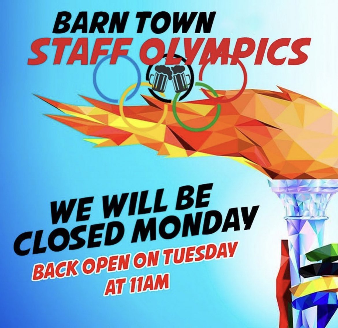 HEADS UP! WE'LL BE CLOSED TOMORROW (Monday, October 2nd) for our annual STAFF OLYMPICS! We'll be back open Tuesday at 11am!🏃🏾‍♀️🏃🏼🏃🏼‍♂️🏅