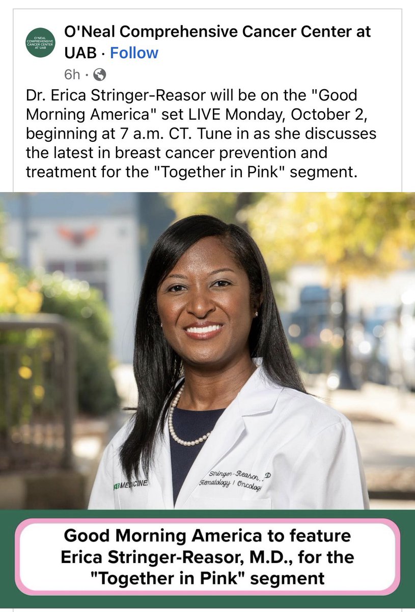 Tune in to GMA as I discuss with @AmiShahSri the latest in breast cancer prevention and treatment. @ONealCancerUAB @UABDeptMed @NUFeinbergMed
