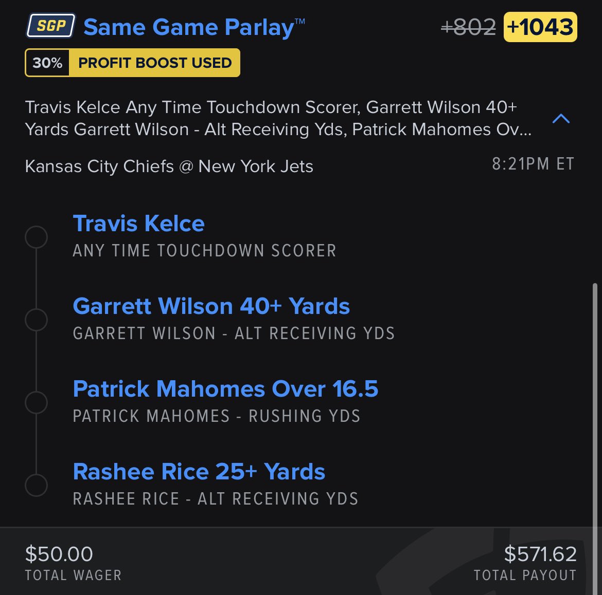 $50 to someone that likes when this hits

Chiefs/Jets SGP👨‍🍳
