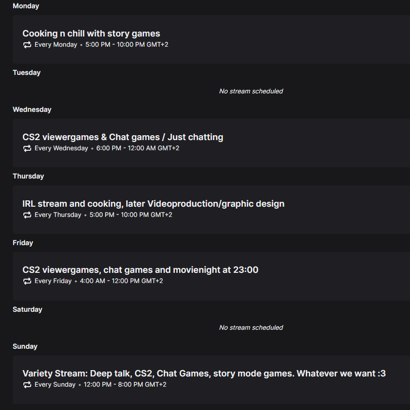 SCHEDULE UPDATE! ... I know.. finally you might think 🤒
And I am truly sorry for that, trust me when I say that I'll do MY BEST to follow and plan my life around outside of it, I might update the content but I think this is okay for a start 💯 Been afk 2mo this summer, back now!