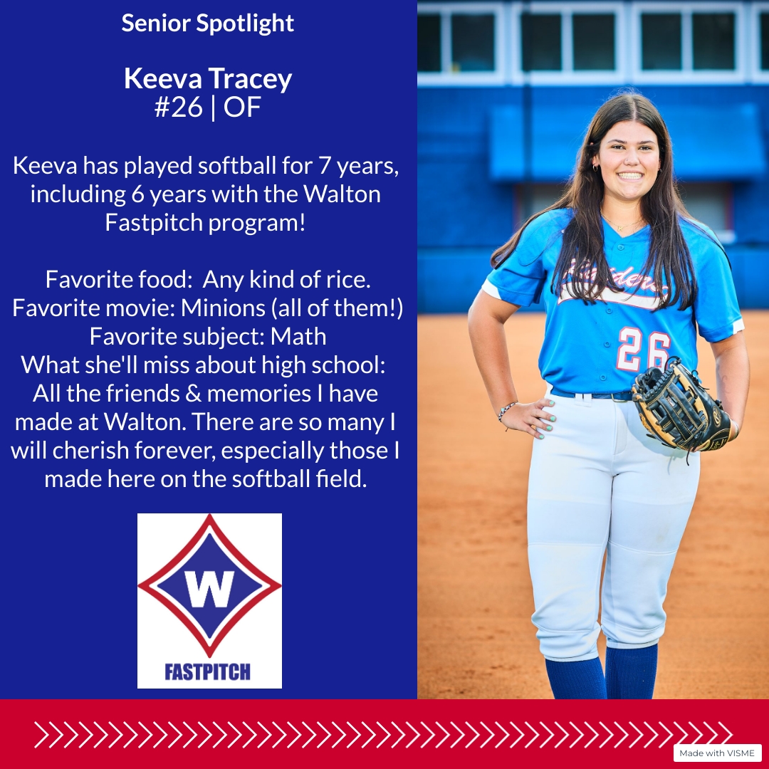 WaltonFastpitch's tweet photo. Raider Fans, it's time to shine some light on SENIOR Keeva Tracey! On offense, Keeva gives the opposing outfielders a workout chasing her line drives! On defense, she's most likely making diving catches across the outfield to make the outs! #weloveourseniors https://t.co/xfYHckfxzJ