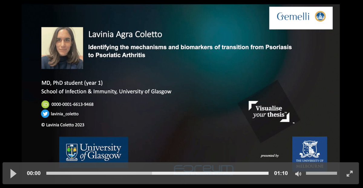 Lavinia Agra Coletto's #VYT2023 entry "Identifying the mechanisms and biomarkers of transition from Psoriasis to Psoriatic Arthritis" Support Lavinia from <a href="/UofGlasgow/">University of Glasgow</a> in #TrendingOnVYT doi.org/10.6084/m9.fig… <a href="/UofGPGRs/">UofG PGRs</a> #GraduateResearchers #VisualiseThesis <a href="/digitalsci/">Digital Science</a> <a href="/figshare/">Figshare</a>