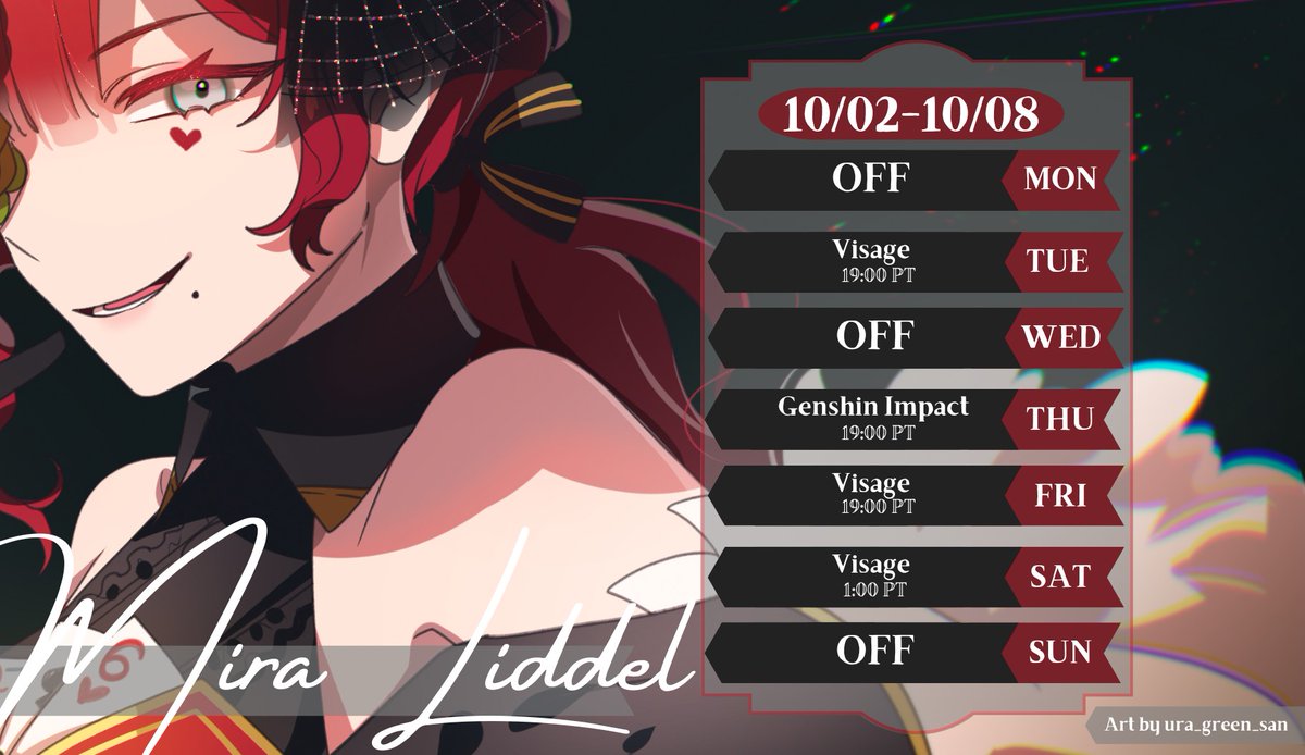 MiraLiddelVT's tweet photo. SCHEDULE FOR 10/02-10/08!

Things are still subject to change since I'm still working on unpacking and I'm getting furniture this week, but here's my tentative schedule! I'll try to give you plenty of updates if things look a bit iffy. https://t.co/jq3FvGBZBp