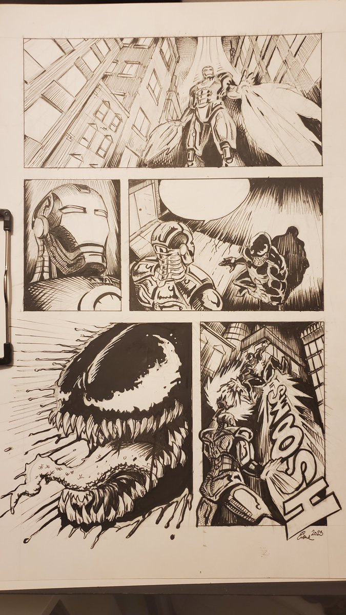 It's been ages since I drew anything  but my son challenged me to come up with an 'ironman meets venom' page and I got carried away a bit. @inkmonkeyhope @Demonpuppy