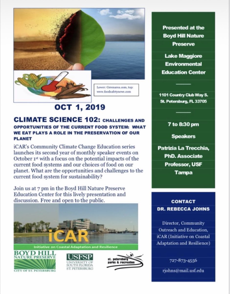 Dr_LaTrecchia's tweet photo. Exciting to talk about challenges &amp; opportunities of #foodsystem @USouthFlorida 
 #StPetersburg for their #iCar #climatechange community education series in 2019!
I spoke about historical shift in the cultural narrative of food we are witnessing #foodjustice #environmentaljustice https://t.co/8zy4BE7u0O