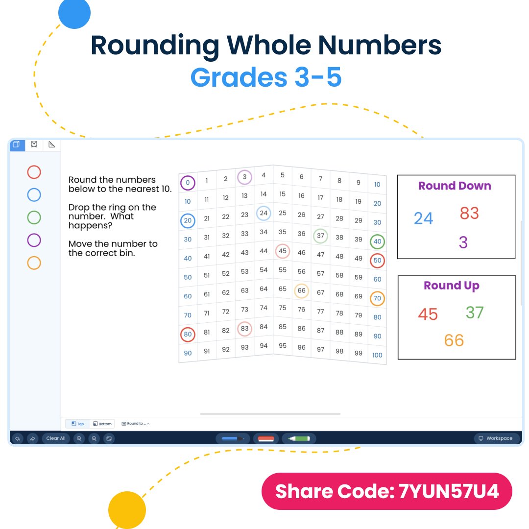 brainingcamp's tweet photo. This Hundred Board (Rounding Workspace) activity is perfect for your students to visualize and experience how rounding works. Note: This Workspace can be used with decimals, too! 
💥💥Check out Share Code: 7YUN57U4 https://t.co/VJEx5ITLKM