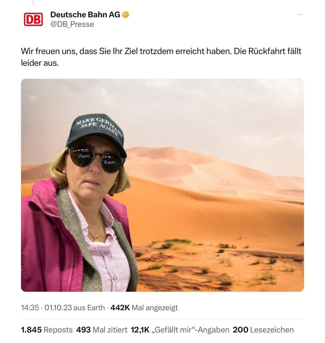 Jetzt schon mein Tweet des Jahres. Liebe @DB_Presse Ihr seid Spitze! Danke! #FrauStorchindieWüste 🤭