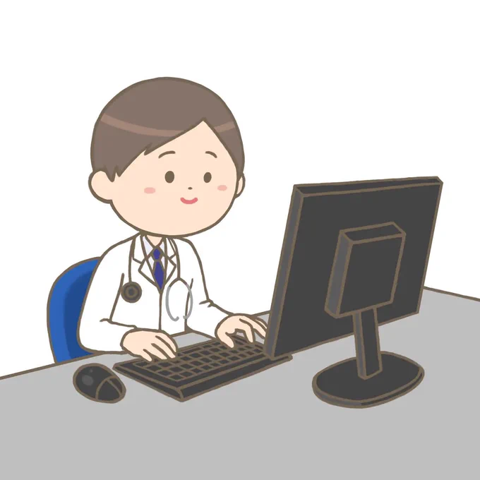 パソコン(デスクトップPC)を操作している医師のイラストです。 #フリーイラスト#フリー素材#看護師イラスト集看護師イラスト集パソコンを操作する医師のイラスト  