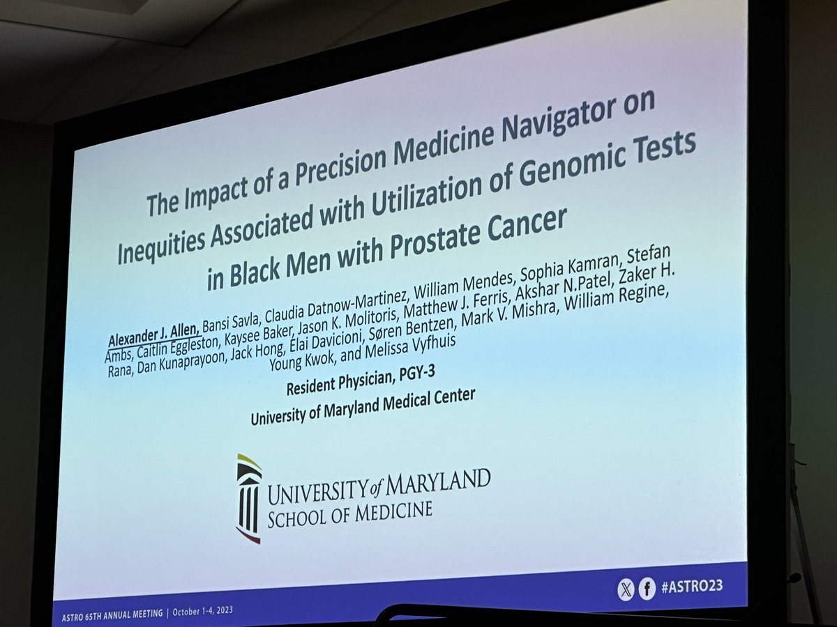 @UMarylandRadOnc resident Alexander Allen presents the “The Impact of a Precision Medicine Navigator on Inequities Associated with Utilization of Genomic Tests in Black Men with Prostate Cancer” Impressive work that truly is making an impact on patient care!!! #ASTRO23