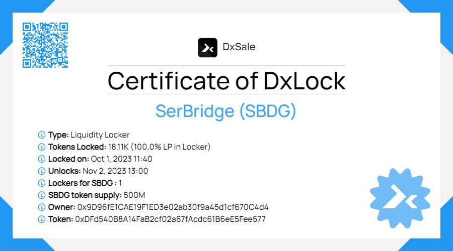 SerBridge's tweet photo. π100% LOCKED LIQUIDITY!π
As a core value of Service Bridge and the SerBridge Token. We believe it is very important for security and safety of holders of a project.
#LockedLiquidity #dxsale #SBDG #ServiceBridge $SBDG
Partner @dxsale
Partner @legxtoken https://t.co/UqPkhVPUgn