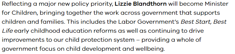 BuchananLiana's tweet photo. I wholeheartedly congratulate Premier @JacintaAllanMP for recognising the need for a whole-of-government focus on children's well-being and development, and for appointing a Minister for Children in Victoria. https://t.co/9CO7ujX4Sn