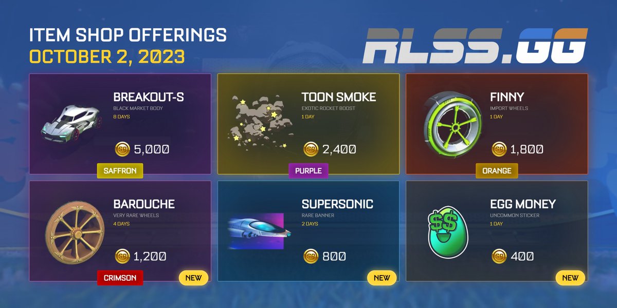 PlayRLSS's tweet photo. #RLSideswipe item shop offerings on 2nd October 2023. https://t.co/57KWeY39FS