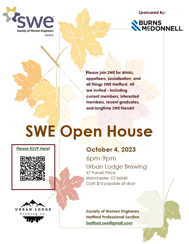 Reminder: Join us for the SWE Hartford Open House at Urban Lodge Brewing Co. Wednesday, October 4th 6pm-9pm Cost: $10 RSVP: lnkd.in/g5NuBvmE