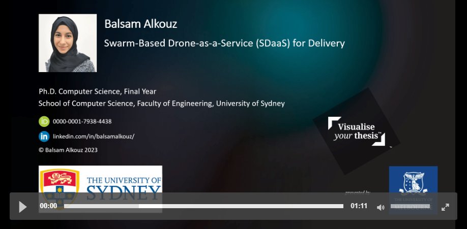 Balsam Alkouz's #VYT2023 entry is 'Swarm-Based Drone-as-a-Service (SDaaS) for Delivery' To support Balsam from @Sydney_Uni in #TrendingOnVYT doi.org/10.6084/m9.fig… @Sydney_Library #GraduateResearchers #VisualiseThesis #academictwitter #PhDchat @PhDLife @digitalsci @figshare