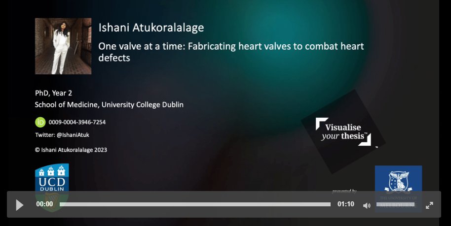 Ishani Atukoralalage's #VYT2023 entry is 'One valve at a time: Fabricating heart valves to combat heart defects' Support Ishani from @ucddublin in #TrendingOnVYT doi.org/10.6084/m9.fig… @UCDGS @UCD_Research @UCDLibrary #GraduateResearchers #VisualiseThesis @digitalsci @figshare