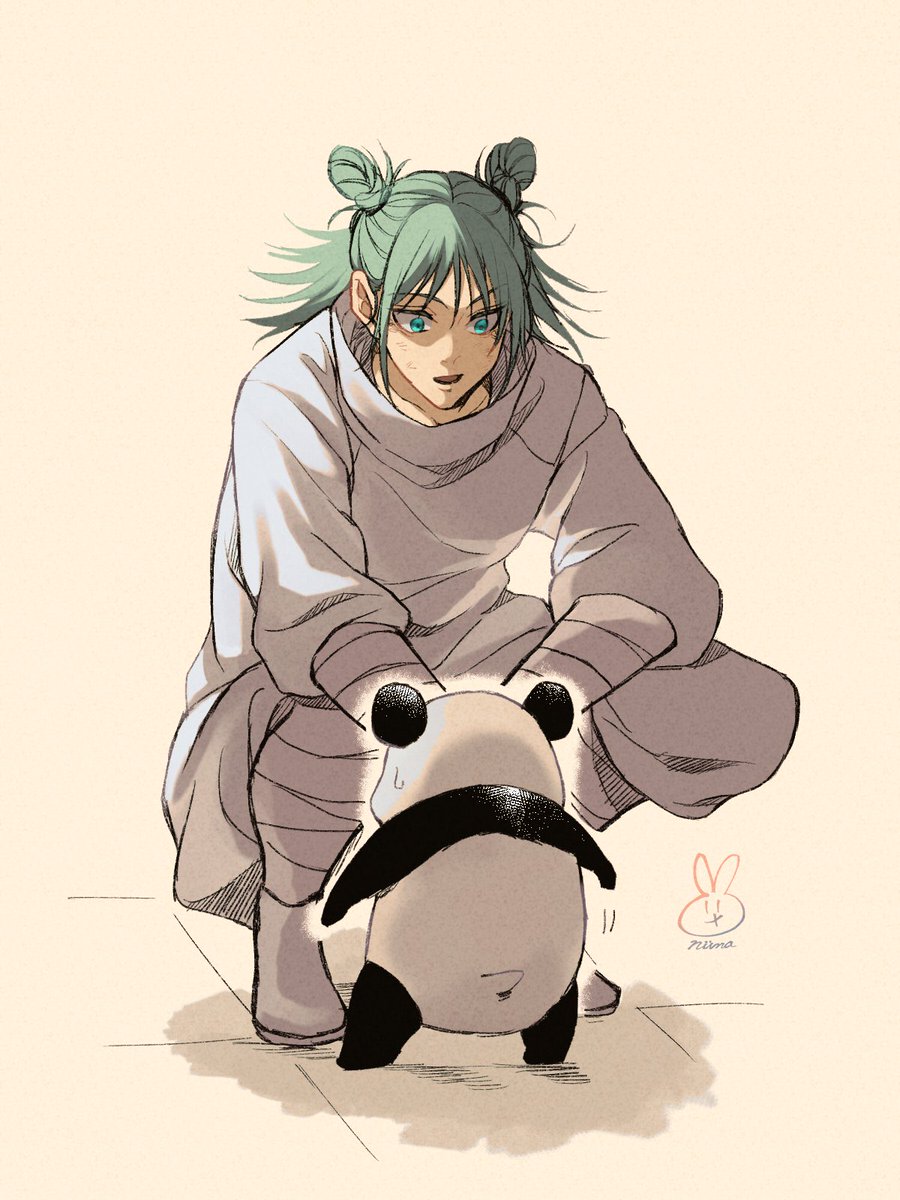 1girl hair bun green hair double bun squatting bandages panda  illustration images