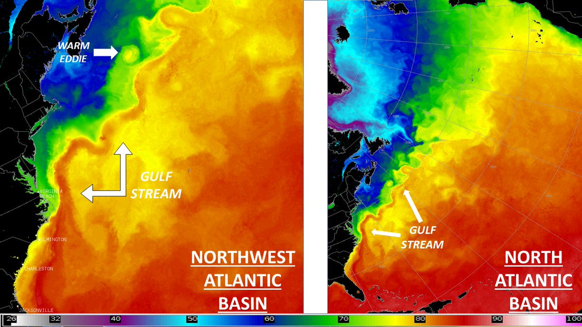 Gulf Stream depiction thru a composite of satellites  measuring SSTs across the Atlantic Basin, dated Sep 30, 2023 at 8 pm. Note; the Gulf Stream meandering in both pics and the warm eddy. With time, the SST gradient near the Gulf Stream will become tighter.  #ilmwx #ncwx #scwx