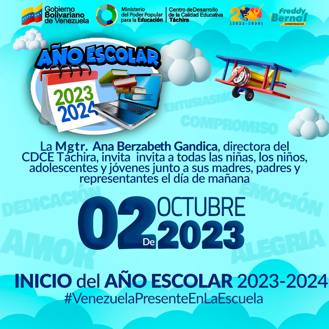 #1Oct  La  Directora del <a href="/CDCETachira/">CDCE Táchira</a> <a href="/Berzabethg1/">Berzabethgandicaoficial</a> invita a todas/os las/os niñas/os, adolescentes y jóvenes junto a sus madres padres y representantes, al inicio del año escolar 2023/2024, este #2Oct
#VenezuelaPresenteEnLaEscuela
#SeVienenLasClases 
<a href="/NicolasMaduro/">Nicolás Maduro</a>