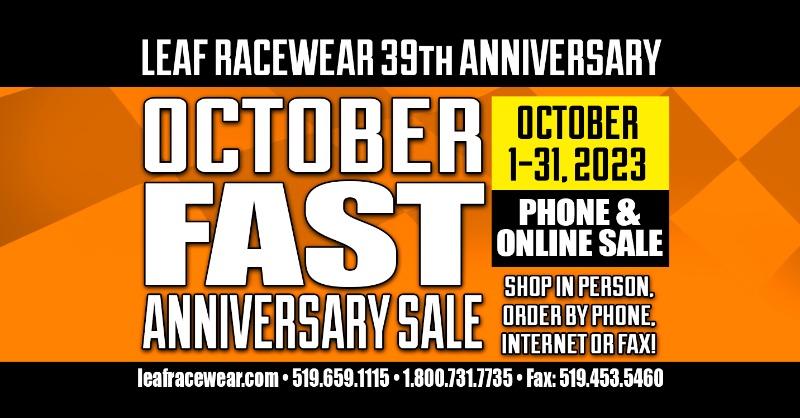 LeafRacewear's tweet photo. We're celebrating our 39th Anniversary with our annual OctoberFast Sale!. Take advantage of these amazing, once a year deals on our complete product line! Everything is on SALE. Visit our website today. 🏁
#racesuits #firesuits #pitshirts #helmets #racingsafety #SFIapproved