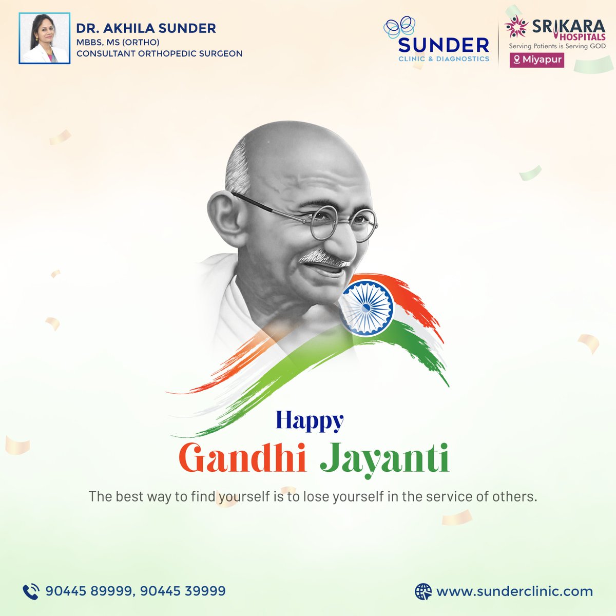 ClinicSunder's tweet photo. Mahatma Gandhi, a global inspiration, taught non-violence, truth, and simplicity. On this special day, let's honor his legacy. Happy Gandhi Jayanti!
#sunderclinic #sunderdiagnostics #drakhilasunder #orthopedicdoctor #jointreplacement #orthopaedicsurgeon https://t.co/dPNKrSgHgW