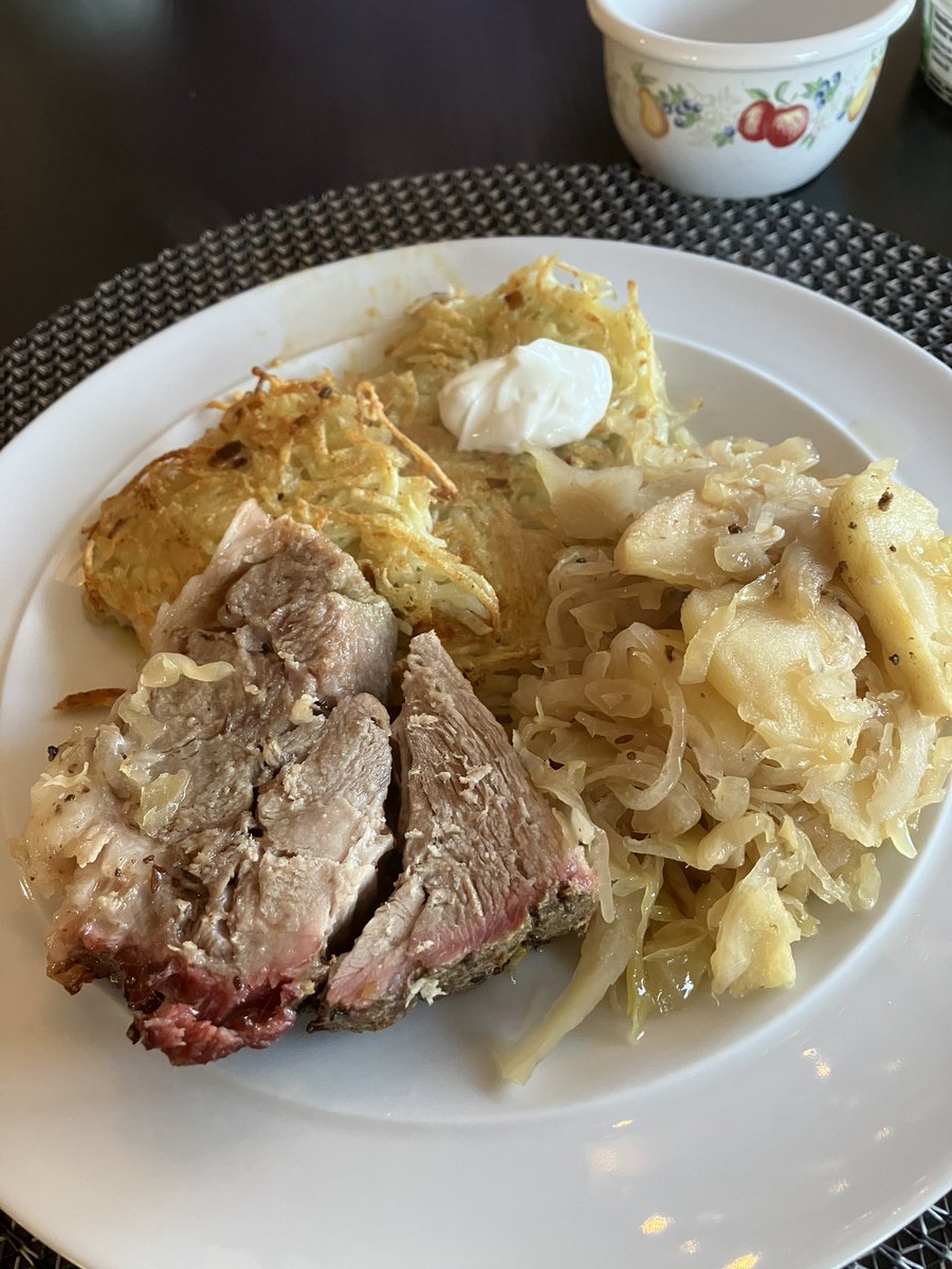 Oktoberfest today Prost to my German friends Beer Braised Brats to start. Smoked Pork Shoulder with kraut and apples and potato pancakes.  Thanks to @acmemeatmarket for the product