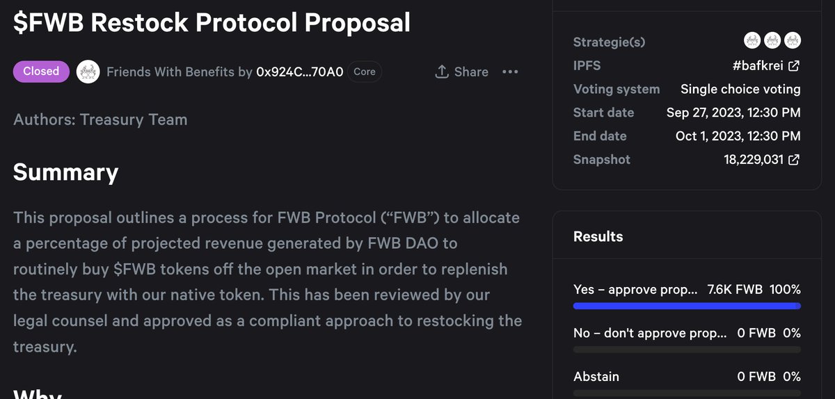 a first of its kind proposal just passed over at @FWBtweets - a smart contract will escrow a portion of future revenue and then randomly buy our native token on the open market, something like this is only possible in crypto, excited to continue innovating w/ the team