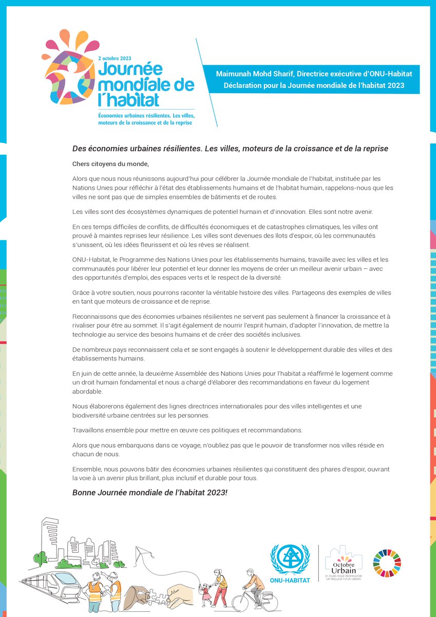 Journée mondiale de l'habitat : «<a href="/UNHABITAT/">UN-Habitat</a> travaille avec les villes et les communautés pour libérer leur potentiel et leur donner les moyens de créer un meilleur avenir urbain… » a déclaré <a href="/MaimunahSharif/">Maimunah Mohd Sharif</a> 
Déclaration intégrale : drive.google.com/file/d/1QuEL0m…
