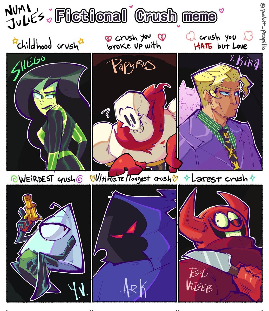 🏃 dont judge [fictional crush meme] featuring: Shego, Papyrus, Yoshikage Kira, YV, Ark, and Bob Velseb