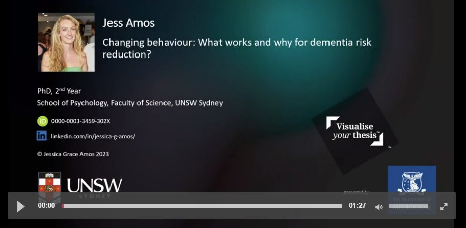 Jessica Amos' #VYT2023 entry is 'Changing behaviour: What works and why for dementia risk reduction?' To support Jessica from @UNSW in #TrendingOnVYT doi.org/10.6084/m9.fig… @UNSWGRS @UNSWLibrary #GraduateResearchers #VisualiseThesis #academictwitter @digitalsci @figshare